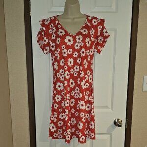 Red Floral Dress Size Small V Neck, Ruffle Sleeves, Pockets NWOT